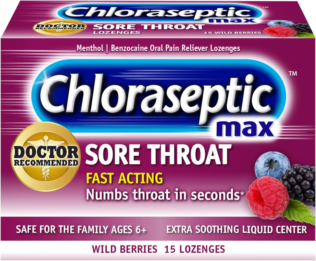Chloraseptic Max Strength Sore Throat Relief Lozenges, Wild Berries, 15 ea